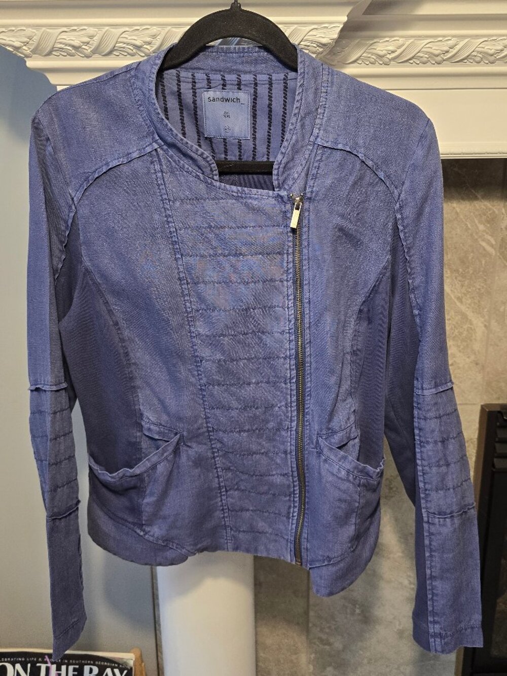 Sandwich Blue Linen Moto Jacket Asymemetric Zip Quilted Panel Boho size 42L